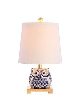 16" Blue/White Ceramic Owl Mini Table Lamp for Bedroom or Office, Modern